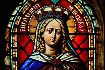 Barcelona, Spain March 28, 2017 This stained glass portrait of the Virgin of Montserrat, which is housed in the Santa Maria de Montserrat Abbey outside of Barcelona, Spain, features saints. Generative