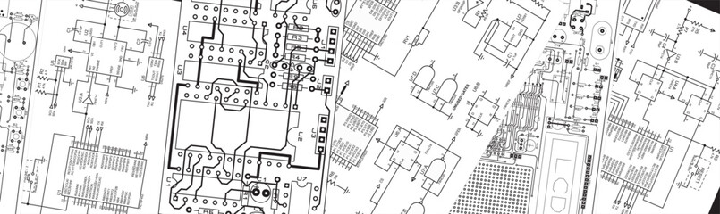 Schematic background.
Drawings of an electronic device on white paper sheets. Vector electrical schematic diagram of an digital electronic device.