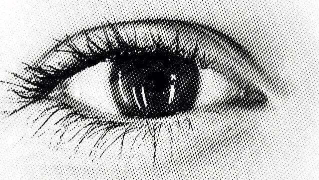 Macro, close up abstract woman eye blinking background video with halftone effect. Cartoon retro vintage style opening and closing eye. Technological vision, Innovative futuristic concepts.