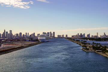 Beautiful aerial panoramic view of the city of Miami, its buildings, marina, yachts and luxurious suburbs houses