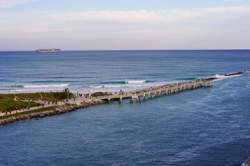 Beautiful aerial panoramic view of the city of Miami, its buildings, marina, yachts and luxurious suburbs houses