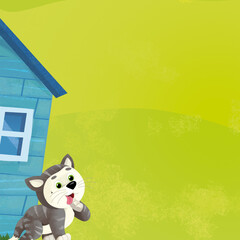 cartoon farm ranch animals wooden houses illustration