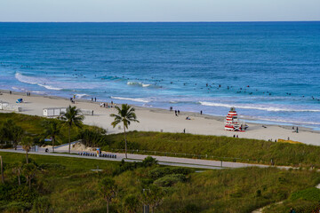 Beautiful aerial panoramic view of the city of Miami, its buildings, marina, yachts and luxurious suburbs houses