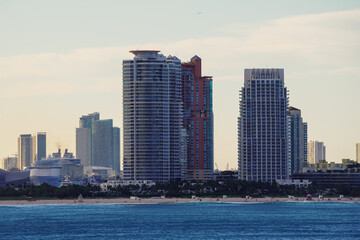 Fototapeta na wymiar Beautiful aerial panoramic view of the city of Miami, its buildings, marina, yachts and luxurious suburbs houses