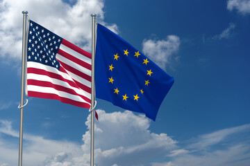 United States of America and European Union Flags Over Blue Sky Background. 3D Illustration