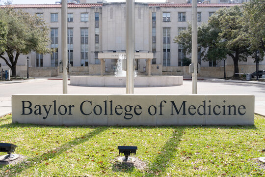 Houston, Texas, USA - March 9, 2022: Closeup of Baylor College of Medicine sign at Texas Medical Center in Houston, Texas, USA, a private, independent health sciences center.