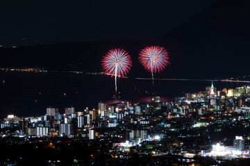 別府サービスエリアから見る大分県別府市の冬の花火大会