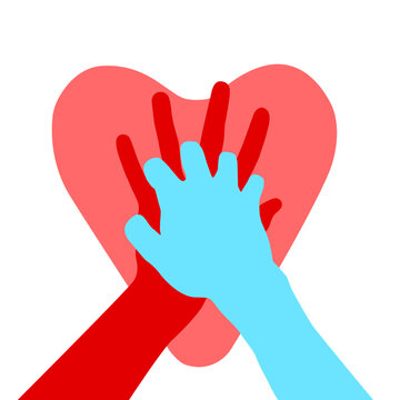 CPR cardio-pulmonary resuscitation, vector with a big red heart and two hands doing a lifesaving technique called Cardiopulmonary resuscitation to the heart that stops beating
