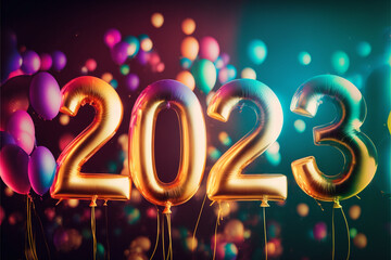 Happy New Years 2023 Banner colorful balloon letters with blurred bokeh background, generative art