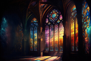 Sunlight streaming through towering stained glass windows constructed of many colors of glass in the inside of a palace. Interior of a dark fantasy. . Generative AI