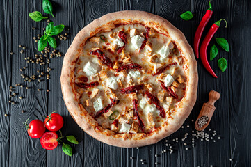 Big and tasty pizza with sun-dried tomatoes and feta cheese