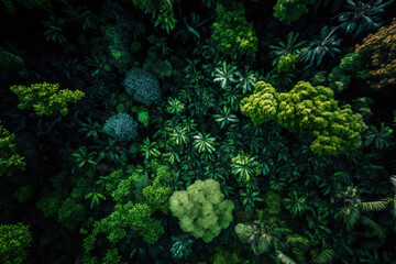 Aerial top view and wide image of a canopy of a tropical forest. Generative AI