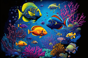 colorful tropical fish and other creatures of the coral reef's underwater ecology. Generative AI