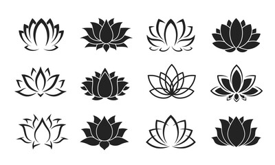 Lotus icons. Harmony and calm lotus minimalistic sign or symbol of relax and wellness. Flower graphic vector icon of Buddhism religion, floral embellishment - obrazy, fototapety, plakaty