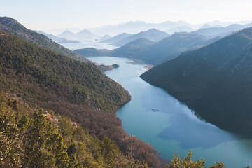 Aerial view of Skadar Lake National park panoramic landscape, Montenegro, Skadarsko jezero, also called Shkodra or Scutari, with mountains in a sunny day