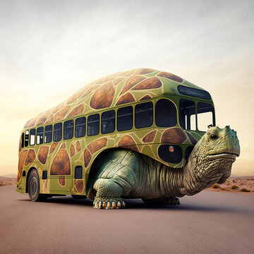 Concept of a giant turtle as a bus on the road, created with Generative AI technology