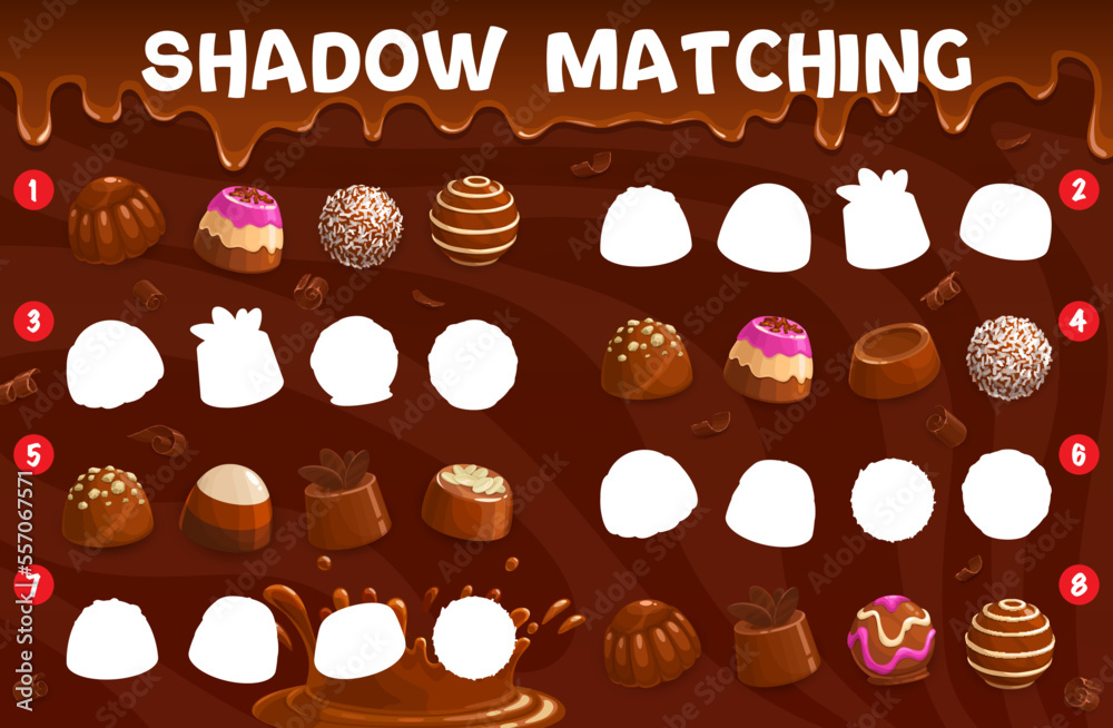 Poster shadow matching game. chocolate praline and fudge, souffle and coconut, truffle and jelly, hazelnut 