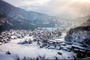 Historic Village of Shirakawa-go in winter ,Gifu Japan