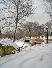 Bow bridge after snow storm in Central Park in winter