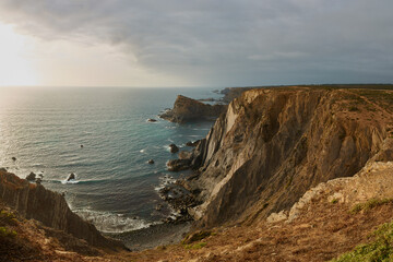 Beautiful panoramic view of the western Algarve coastline. Arrifana, Portugal