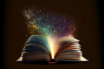 An open book with sparkles coming out of it ideal for fantasy and literature backgrounds