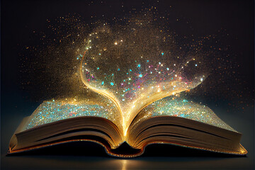 An open book with sparkles coming out of it ideal for fantasy and literature backgrounds - obrazy, fototapety, plakaty