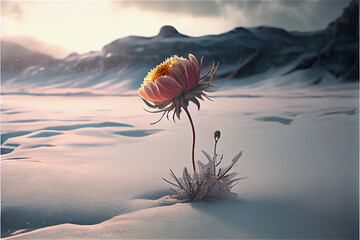 Fototapeta na wymiar flower blooming in a frozen winter landscape announcing the beginning of spring