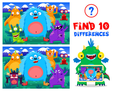 Cartoon Monster Characters, Find Ten Differences. Kids Vector Board Game Worksheet With Cute Funny Mutant Personages. Educational Children Riddle For Leisure Activity, Brainteaser Puzzle, Quiz Test