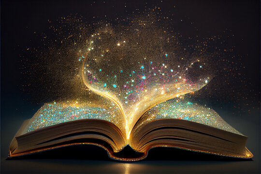 An open book with sparkles coming out of it ideal for fantasy and literature backgrounds