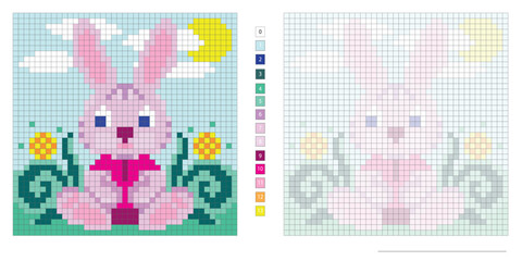 pixel illustration of a cute rabbit on the lawn under the sun, embroidery, coloring by cells for the development of children and adults, the development of counting logic, motor skills and imagination