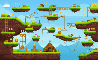 2d arcade game level map interface. Platform, stairs, coins, bonus and box icons. Mobile video game stage backdrop, console game vector screen or retro arcade environment landscape with jump platforms © Vector Tradition