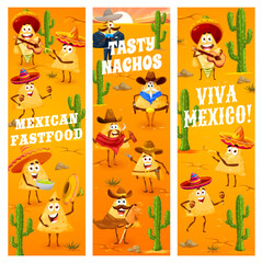 Fototapeta premium Mexican nachos chips, cowboy, robber and sheriff characters, vector banners. Viva Mexico, party fiesta with Mexican fast food nacho chips in sombrero with maracas or bandits with hat and revolver gun