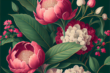 peonies and lilies floral pattern in a vintage print style ideal for backgrounds, generative ia - obrazy, fototapety, plakaty