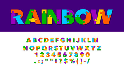 Puzzle font type, jigsaw typeface or creative alphabet letters, vector typography. Rainbow color puzzle font for school or toy game jigsaw ABC typescript with numbers and letters in colorful mosaic