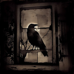 Poe's raven, blackbird, crow, poetic moody dark emo raven, creepy dirty noir style illustration, reflexion, grime, grimey, gritty, organic dirt cracked creepy bird isolated (generative AI, AI) - obrazy, fototapety, plakaty