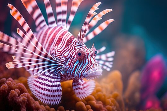 Dwarf lionfish up up and personal on the coral reefs Generative AI