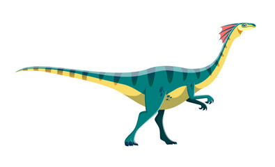 Cartoon Gallimimus dinosaur character. Ancient wildlife reptile, isolated prehistoric monster or animal. Mesozoic era dinosaur with neck frill, extinct carnivorous lizard vector cute personage
