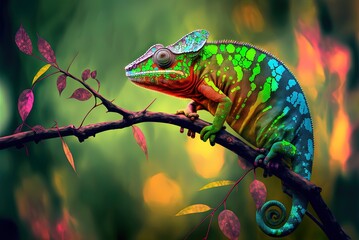 A chameleon panther, resplendent in its shifting patterns of color, perches on a limb. Generative AI - obrazy, fototapety, plakaty
