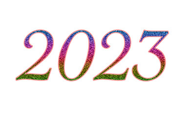 Happy new year 2023  with glitter color ornaments isolated on white background