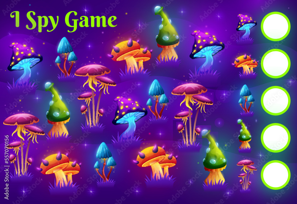 Aufkleber I spy game worksheet magic mushroom on fairy meadow. Child counting riddle, kids educational quiz with objects searching and counting task or children vector math game with fantasy, glowing mushrooms