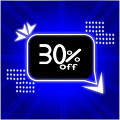 30% off,30 percent off inside black rectangle with white border with white arrow around.Banner blue background.