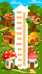 Kids height chart ruler with fairytale cartoon houses. Children height measure ruler, child growth measure vector meter with fantasy village dwellings, forest fairy tree, mushroom and hive homes