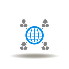 Vector illustration of earth planet and network people. Icon of outsorcing. Symbol of outsource. Sign of recruitment, employment. - obrazy, fototapety, plakaty