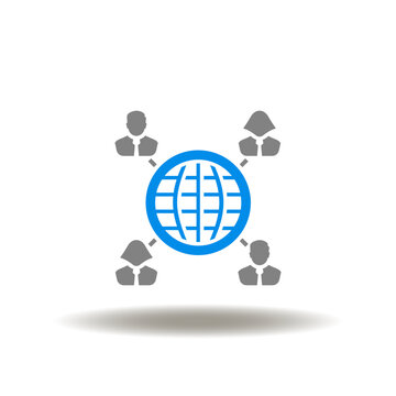 Vector illustration of earth planet and network people. Icon of outsorcing. Symbol of outsource. Sign of recruitment, employment.
