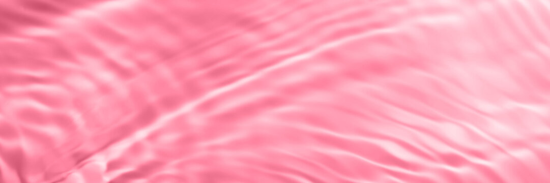 Transparent clear water surface texture with splashes, waves and bubbles toned in magenta Trendy abstract nature background with shadows and lights reflection. Water waves in sunlight. Overlay effect.