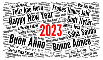 Happy New Year 2023 word cloud in different languages