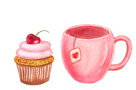 Set of cupcake and pink mug with heart. Hand-drawn watercolor illustration isolated on white background. Valentine's day, love