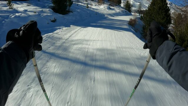 POV Shot Of A Skier Traversing A Snowy Mountain Slope