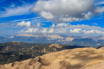 View of the Taurus mountains from a top of Tahtali mountain near Kemer, Antalya Province in Turkey