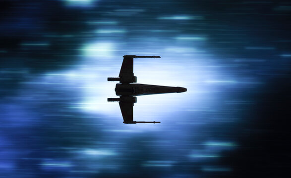 NEW YORK USA - JAN 8 2023 - Star Wars rebel X Wing fighter flying through hyperspace - Disney Micro Galaxy Squadron vehicle